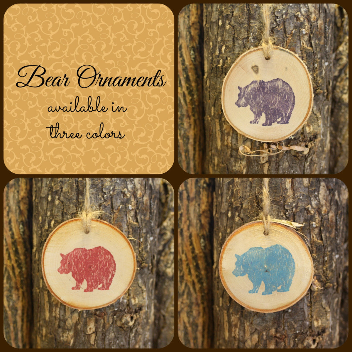 Bear on Birch Log Slice Ornament