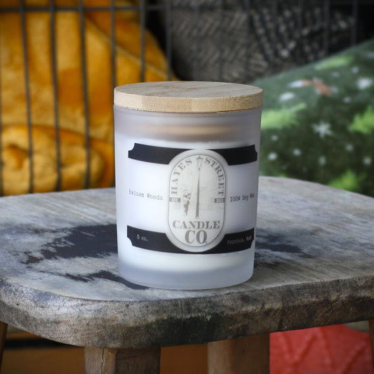 Balsam Woods scented soy wax candle from Hayes Street Candle Company in Ferndale, Washington.