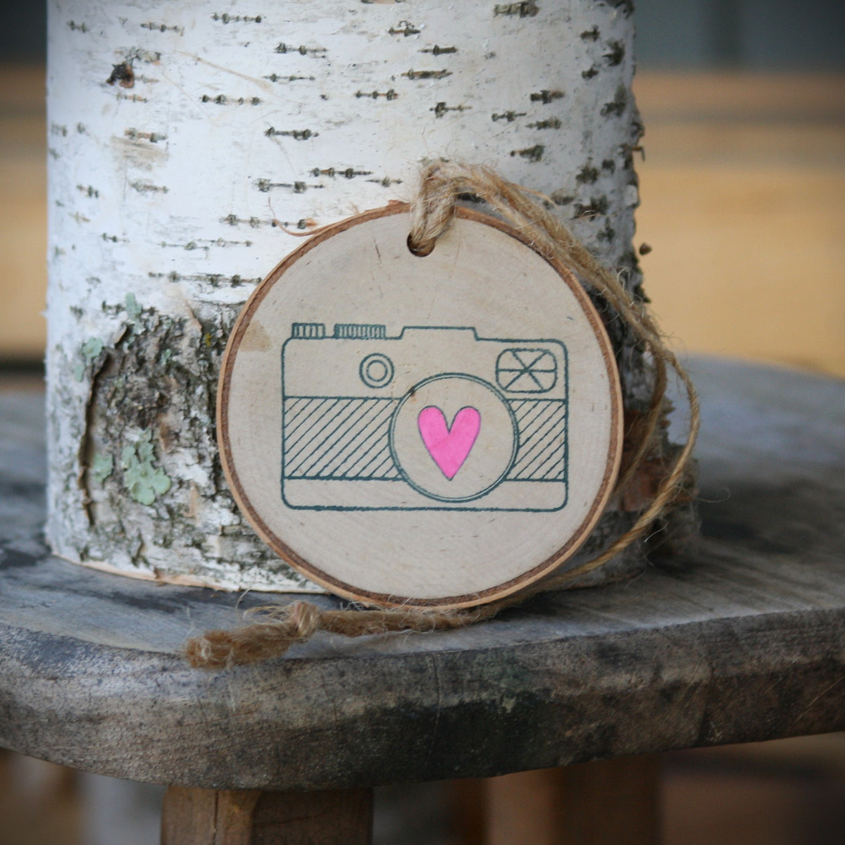 A round wooden ornament with a camera illustration and a pink heart, hanging from a piece of twine and displayed against a birch tree trunk on a rustic wooden surface. Log Slices by Margie