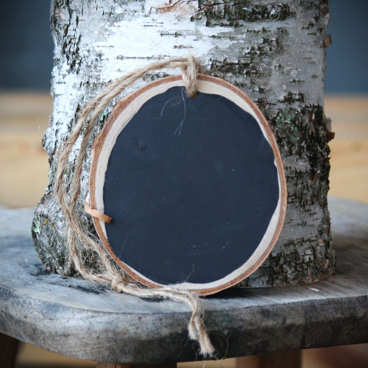 A round wooden sign with a black chalkboard center, natural wood edges, and a piece of jute twine hanging from the top, displayed against a birch tree trunk on a rustic wooden surface.