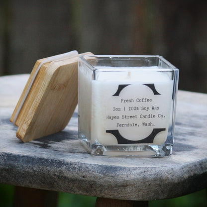 Fresh Coffee scented small square candle jar from Hayes Street Candle Co