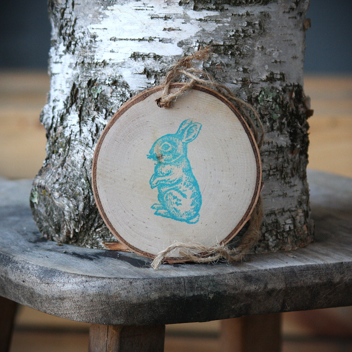Rabbit on Paper Birch Log Slice Ornament