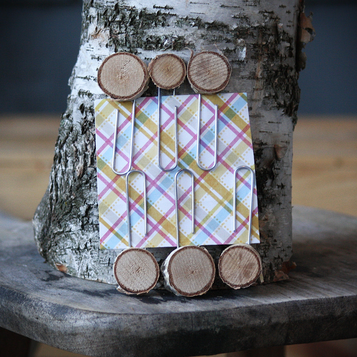 Six paperclips made of metal and birch wood slices. They are photographed on a rustic wood stool, leaning against a birch stump, with colorful paper holding the six paperclips. They are branded Log Slices by Margie and are sold from Hayes Street Candle Company in Ferndale, Washington.