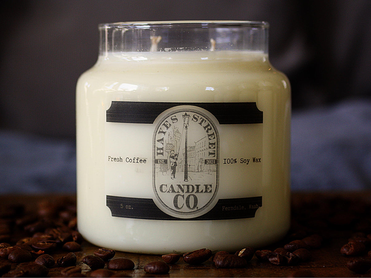 Candle with 'Hayes Street Candle Co' label on a dark background. The scent is Fresh Coffee.