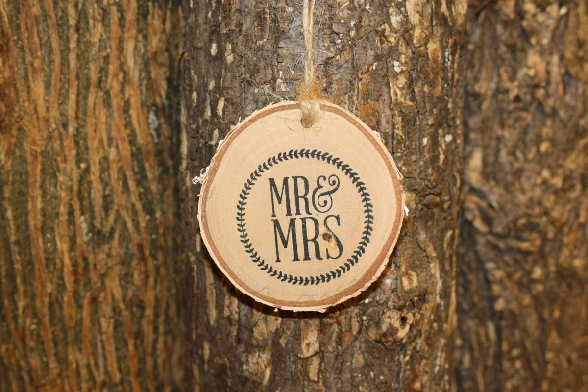 Rustic Wedding Wood Slices - Mr. and Mrs. Stamp Birch Log Slice Ornament- Set of 12