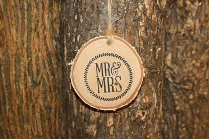 Rustic Wedding Wood Slices - Mr. and Mrs. Stamp Birch Log Slice Ornament- Set of 12