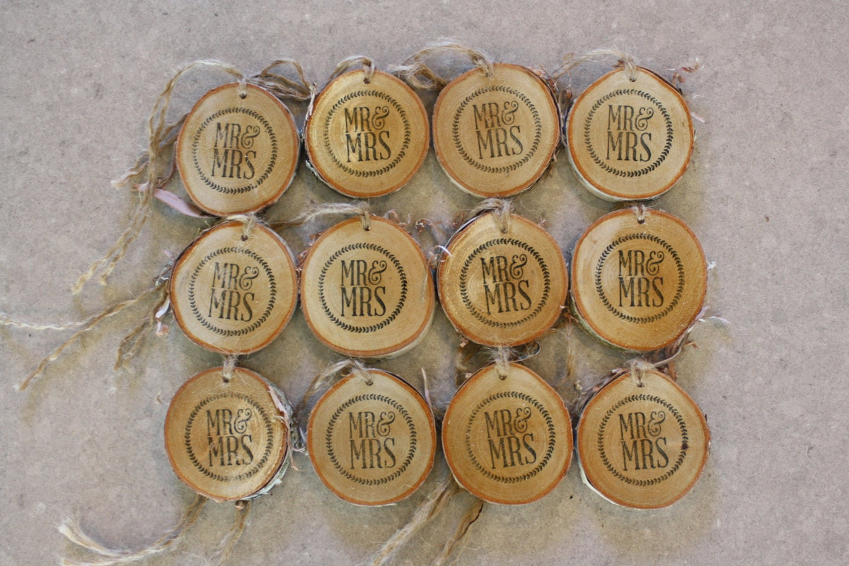 Rustic Wedding Wood Slices - Mr. and Mrs. Stamp Birch Log Slice Ornament- Set of 12