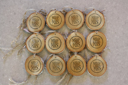 Rustic Wedding Wood Slices - Mr. and Mrs. Stamp Birch Log Slice Ornament- Set of 12